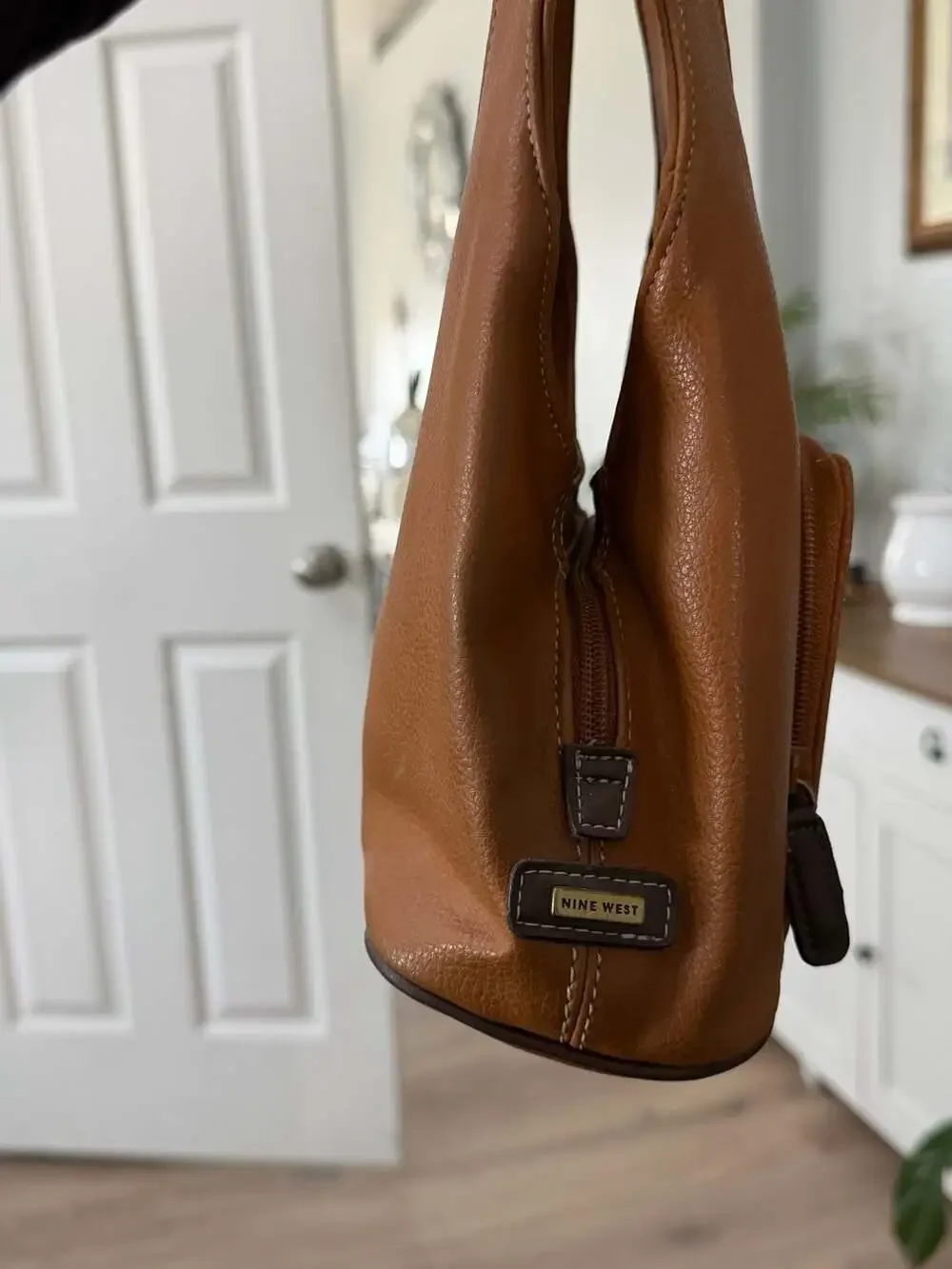 Vintage Nine West Tan Faux Leather Small Hobo Handbag with Zipper Pockets